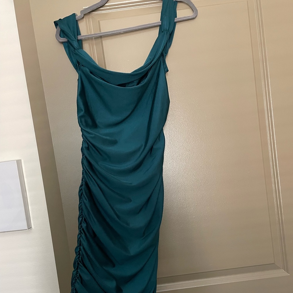 Teal Ruched Midi Dress - Picture 3 of 4